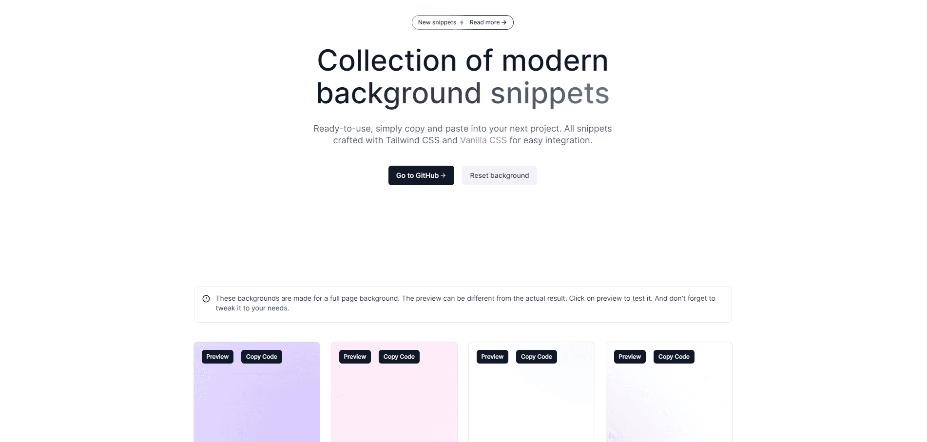 Collections of ready-to-use, simply copy and paste into your next project. All snippets crafted with Tailwind CSS and Vanilla CSS for easy integration.